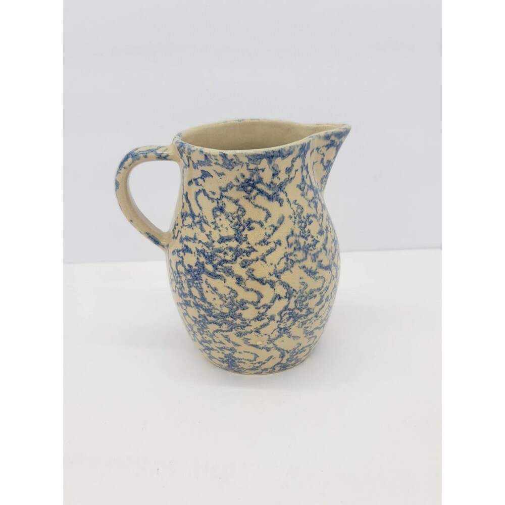 Vintage Robinson Ransbottom Blue Spongeware Pitcher #700 1 Quart Roseville Ohio